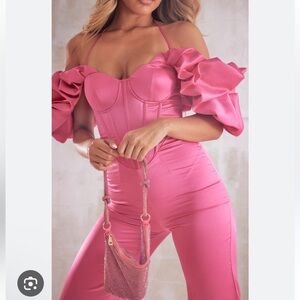 Fuchsia Ruffled Sleeve Satin Jumpsuit Pretty Little Thing